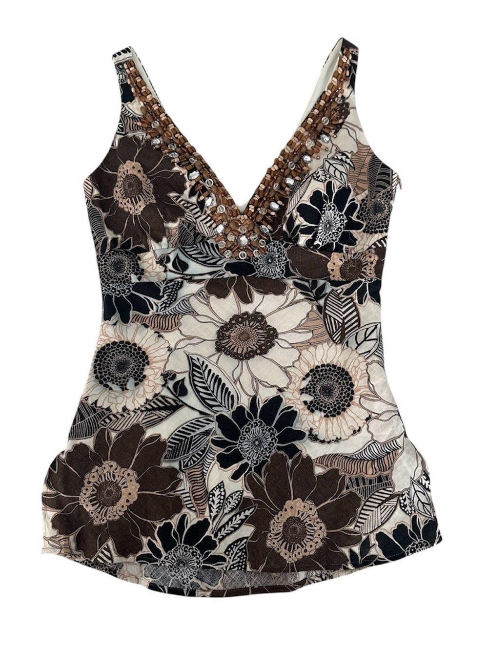 Vintage Y2K Cache Beaded Linen Floral Print Tank Top